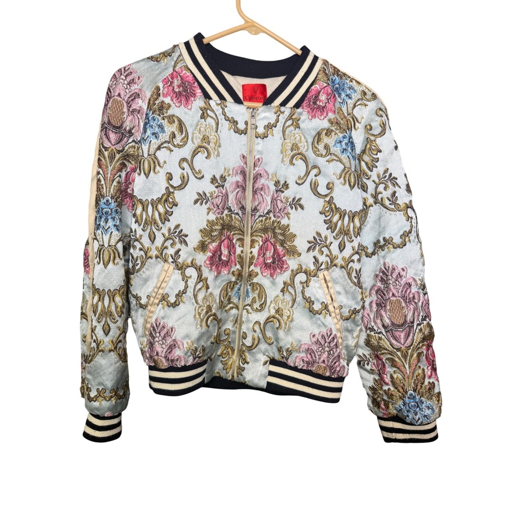 Cristina Floral Brocade Tapestry Bomber Jacket Blue Pink Gold Zip Up Small